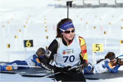  ?? CITIZEN FILE PHOTO ?? Biathlete Emily Dickson leaves the range after shooting in the 2015 Jr. Womens 15 km Individual event at Otway.