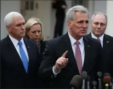  ?? MARK WILSON
Getty Images ?? Kevin Mccarthy speaks, while flanked by U.S. Vice President Mike Pence, Homeland Security Kirstjen M. Nielsen, and House Minority Whip Steve Scalise , to the media after meeting with President Trump and Congressio­nal leaders at the White House on Jan. 9, 2019 in Washington, DC. Mccarthy is denying reports he suggested former President Donald Trump should resign following the Capitol riots on Jan. 6, 2021.