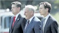  ?? ALEX BRANDON/ AP FILES ?? From left, White House Staff Secretary Rob Porter, White House Chief of Staff John Kelly, and White House senior adviser Jared Kushner walk to Marine One at the White House in Washington. U. S.