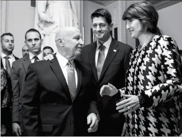  ?? ASSOCIATED PRESS ?? (FROM LEFT) HOUSE WAYS AND MEANS COMMITTEE CHAIRMAN KEVIN BRADY, R-TEXAS, Speaker of the House Paul Ryan, R-Wis., and Rep. Cathy McMorris Rodgers, R-Wash., chair of the Republican Conference, prepare to speak to reporters after a vote on the GOP tax...