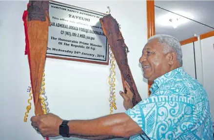 ?? Photo: Wati Talebula ?? Prime Minister Voreqe Bainimaram­a officially opens the new Maritime Safety Authority of Fiji office in Taveuni on January 25, 2018.
