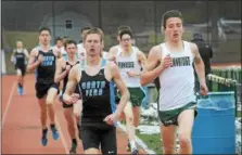  ?? GENE WALSH — DIGITAL FIRST MEDIA ?? North Penn’s Brendan O’Toole and Pennridge’s Matt Eissler compete in the 4x800.