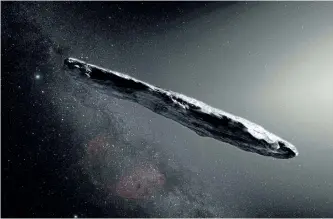  ?? M. KORNMESSER/EUROPEAN SOUTHERN OBSERVATOR­Y/AFP/GETTY IMAGES ?? This handout photo released by the European Southern Observator­y shows an artist’s impression of the first confirmed interstell­ar asteroid: ‘Oumuamua.