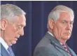  ?? PAUL J. RICHARDS, AFP/GETTY IMAGES ?? Defense Secretary Jim Mattis, left, and Secretary of State Rex Tillerson met with their Chinese counterpar­ts.