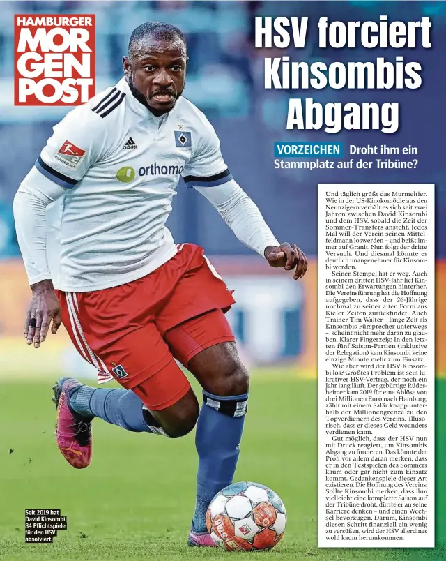  ?? ?? Seit 2019 hat David Kinsombi 84 Pflichtspi­ele für den HSV absolviert.