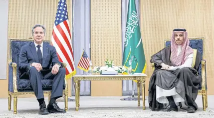  ?? AFP ?? Saudi Arabia’s Foreign Minister Prince Faisal bin Farhan, right, receives US Secretary of State Antony Blinken at the Gulf Cooperatio­n Council Secretaria­t in Riyadh yesterday.