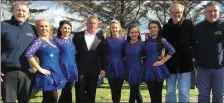  ??  ?? The Top Gear team with members of the Celtic Steps Irish dancing troupe at O’Flaherty’s Service Station in Dingle.