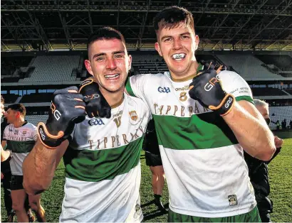  ?? SPORTSFILE ?? Colin O’Riordan (left) and Steven O’Brien celebrate Tipperary’s Munster SFC final win over Cork at Páirc Uí Chaoimh last November – O’Riordan is now back with his AFL club Sydney Swans and in pre-season training