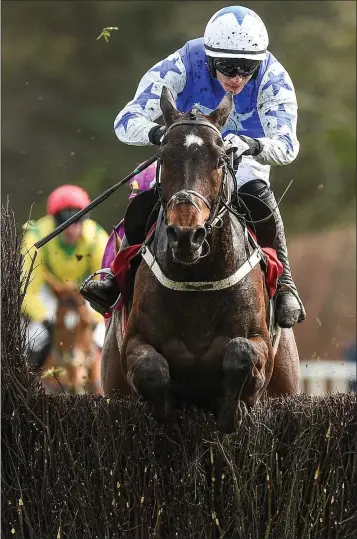  ??  ?? Paul Townend, on board Kemboy, jumping the last on the way to winning the EMS Copiers Novice Handicap Steeplecha­se at the Punchestow­n Festival.