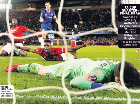  ??  ?? FLYING HIGH Pogba celebrates after netting Utd’s second