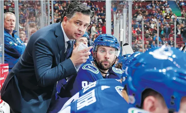  ?? — GETTY IMAGES FILES ?? Canucks head coach Travis Green and forward Sam Gagner try to get on the same page during a game last season. Green moved Gagner all over the lineup, but wasn’t able to spark his offensive game. He ended the season with 31 points.