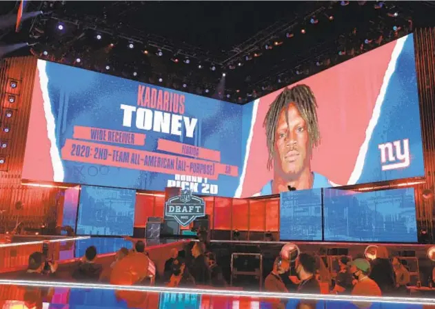  ?? GETTY ?? University of Florida wide receiver Kadarius Toney is announced as 20th selection, first for Giants, in Thursday night’s NFL draft in Cleveland.