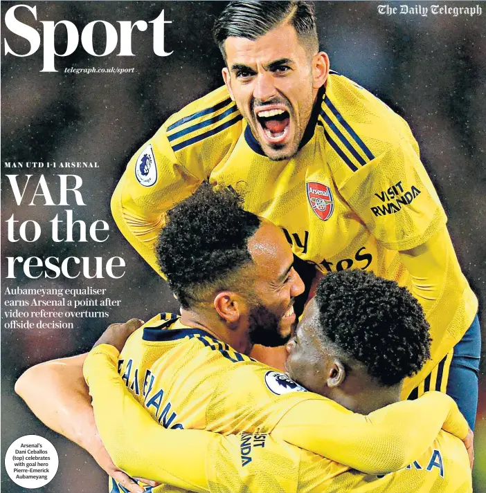  ??  ?? Arsenal’s Dani Ceballos (top) celebrates with goal hero Pierre-emerick Aubameyang
