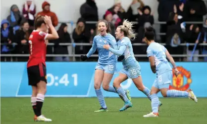  ?? ?? Manchester City's Caroline Weir celebrates after scoring to take the lead over United. Photograph: Molly Darlington/Action Images/ Reuters