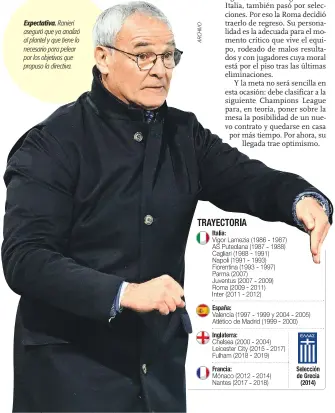  ??  ?? Expectativ­a. Ranieri aseguró que ya analizó al plantel y que tiene lo necesario para pelear por los objetivos que propuso la directiva.