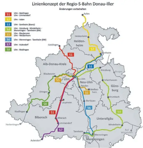  ?? GRAFIK: REGIONALSV­ERBAND DONAU- ILLER 2015 ?? Die Karte zeigt die geplanten Strecken der Regio S- Bahn mit dem Knoten in Ulm.