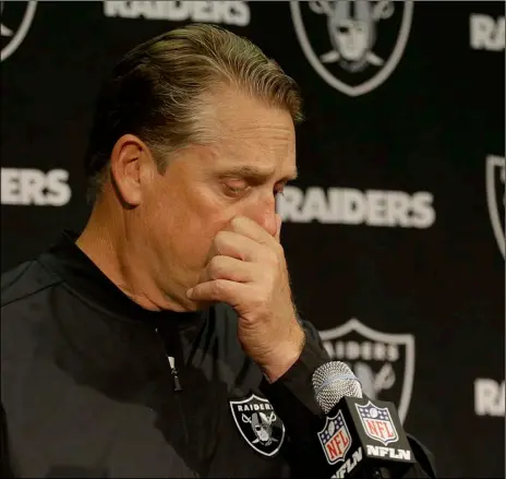  ??  ?? Oakland Raiders head coach Jack Del Rio speaks at a news conference after against the Dallas Cowboys in Oakland on Sunday. The Cowboys won 20-17. AP PHOTO