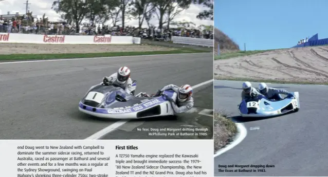  ??  ?? No fear. Doug and Margaret drifting through McPhillamy Park at Bathurst in 1985.
Doug and Margaret dropping down The Esses at Bathurst in 1983.