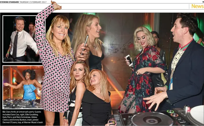  ??  ?? DJ: Clara Amfo at Universal’s party. Guests included Sara Cox, right, Ellie Goulding,
Katy Perry and Nick Grimshaw. Abbey Clancy and Emma Bunton, inset, joined Dermot O’Leary, top, at Warner Music’s bash