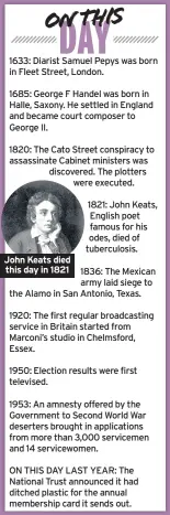  ??  ?? John Keats died this day in 1821