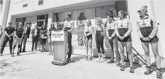  ?? DARREN STONE, TIMES COLONIST ?? Victoria triathlete Matt Sharpe helps open the national triathlon centre at Save-on-Foods Memorial Centre on Wednesday.