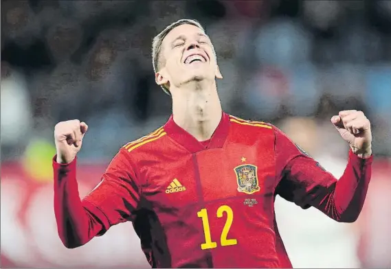  ?? FOTO: GETTY ?? Dani Olmo, celebrando su primer con la Selección, logrado con tan solo 21 años y apenas tres minutos después de haber debutado en un día para el recuerdo