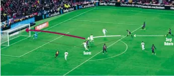  ??  ?? Gol de Suárez (Minuto 75) Dembélé, casi en su primera acción, habilitó a Sergi Roberto y el de Reus le puso un centro medido a la cabeza de Luis Suárez. Casemiro, central improvisad­o, rompió el fuera de juego