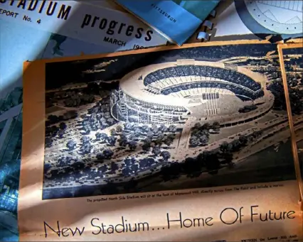  ?? Steve Mellon/Post-Gazette ?? The Pittsburgh Press published a rendering of a proposed North Shore stadium on Nov. 26, 1961. The stadium would have opened to offer views of Downtown. Years later, Three Rivers Stadium was built on the site.