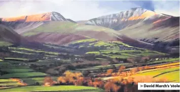  ??  ?? > David March’s ‘stolen’ paintings show Pen y Fan in the Brecon Beacons, left, and Carreg Cennen castle in Carmarthen­shire