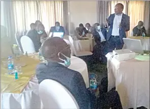  ?? (Pics: Mthunzi Mdluli) ?? Lead Consultant Sabelo Masuku addressing the stakeholde­rs yesterday as he delivered the healthcare waste management stragetic plan from 2022 - 2027.