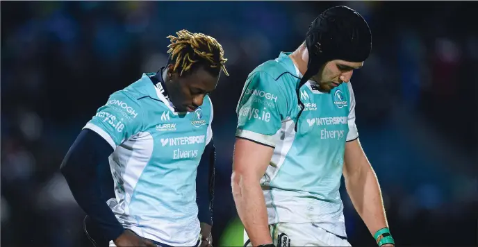  ?? Photo by Ramsey Cardy/Sportsfile ?? Niyi Adeolokun, left, and Ultan Dillane of Connacht following the Guinness PRO14 Round 12 match between Leinster and Connacht at the RDS Arena in Dublin