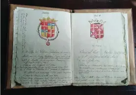  ??  ?? Grandmaste­rs Coat of Arms − Left: Del Pone and right: L’Isle Adam. Drawings on manuscript in watercolou­r