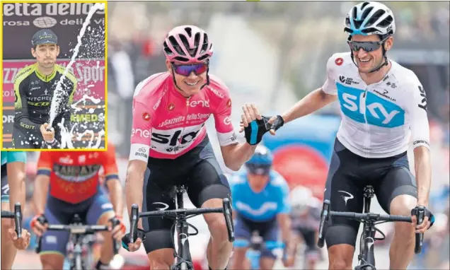  ??  ?? FELICIDAD. Froome entró en la meta de Cervinia felicitado por Poels, su fiel escudero, por su Giro. Momentos después, Nieve descorchó el champán como vencedor de la etapa.