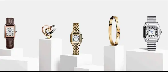  ??  ?? FROM LEFT TO RIGHT: BALLON BLEU DE CARTIER WATCH; JUSTE UN CLOU BRACELET; TANK WATCH, TRINITY RING; PANTHÈRE DE CARTIER WATCH; LOVE BRACELET; AND SANTOS DE CARTIER WATCH