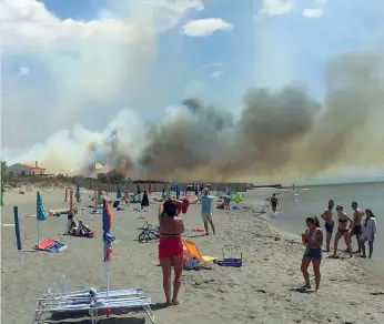  ??  ?? Turisti guardano le nuvole di fumo alzarsi dall’incendio nella pineta di Capalbio. Le fiamme sono state domate solo nel pomeriggio