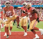  ?? JED JACOBSOHN/AP ?? The 49ers’ George Kittle (85) celebrates after a two-point conversion during Saturday’s wild-card game against the Seahawks in Santa Clara, Calif.