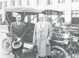  ?? Associated Press photo ?? Ford founder Henry Ford, right, and son Edsel Ford are shown in the 1920s. Both served as president of the company. Bill Ford, a great-grandson of Henry, is currently chairman of the automaker.