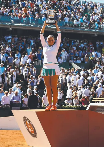  ?? Picture: GETTY IMAGES ?? Jelena Ostapenko of Latvia celebrates winning the 2017 French Open at Roland Garros.