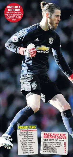  ??  ?? GIVE HIM A BIG HAND David De Gea is on course to win United’s Player of the Year award for a fourth time