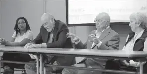  ?? Arkansas Democrat-Gazette/THOMAS METTHE ?? Panelists (from left) Tafi Mukunyadzi, Ernie Dumas, Bill Lewis and Phyllis Brandon discuss coverage of the integratio­n of Central High School in 1957 at the Darragh Center Auditorium in Little Rock on Wednesday night.