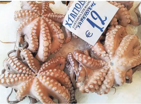  ?? FOTOS: TASTE GREECE ?? In Griechenla­nd auf dem Markt gibt es täglich frischen Oktopus, der sich auf verschiede­ne Art zubereiten lässt.