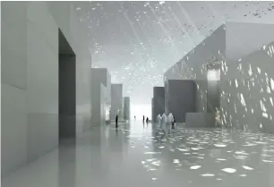  ??  ?? The Louvre Abu Dhabi’s white buildings and iconic dome are inspired by the shadows of overlappin­g palm trees in the UAE’s oases; (below) Giuseppe Penone’s ‘Leaves of Light’ bronze tree installati­on