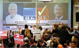  ?? Photograph: Jonathan Ernst/Reuters ?? Supporters of Glenn Youngkin react as Fox News declares victory for the Republican in his race against Terry McAuliffe in Chantilly, Virginia.