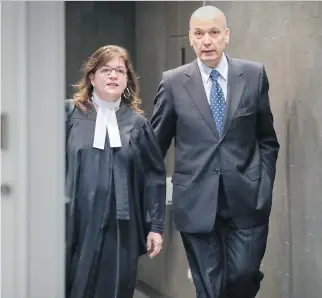  ?? JOHN MAHONEY ?? Former Montreal executive committee chairman Frank Zampino leaves the courtroom with lawyer Isabel Schurman during a break in the Contrecoeu­r corruption trial at the Palais de Justice Monday.