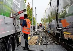  ?? TONY STREETER. ?? Above left: Refuelling infrastruc­ture is key to any rollout of hydrogen-powered trains. On September 9, Siemens and DB jointly demonstrat­ed the mobile lorry-based refuelling option developed under the ‘H2 goes Rail’ scheme. It is claimed that hydrogen refuelling can be carried out in the same time used for DMUs.