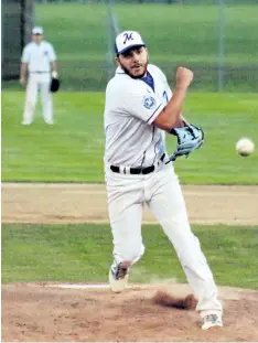  ?? SUPPLIED ?? Niagara Metros starter Justin Ayles throws a sidearm pitch — his preferred delivery — in Central Ontario Baseball Associatio­n action versus the Oakville Athletics Thursday night in St. Catharines. Ayles allowed one run over six innings to earn his...