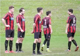  ??  ?? Left: Sharing a laugh before kick off are Warragul United players (from left) Rory Wagner, Matthew Gauci, Oscar Sheehan, Bryson Tanti and Xavier Nardone.