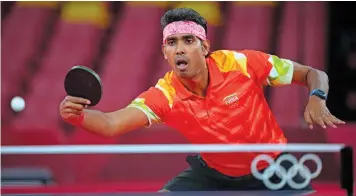  ?? — AP ?? Achanta Sharath Kamal in action during the table tennis men’s singles second round match against Tiago Apolonia of Portugal in Tokyo on Monday.