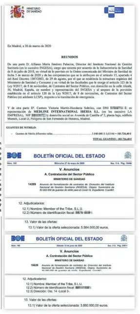  ??  ?? En la operación firmada con Medline Internatio­nal Iberia, el precio de cada guante de nitrilo era de 0,03146 euros. En las selladas con Member of the Tribe el coste oscila entre los 0,097 y los 0,107 euros