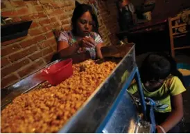  ??  ?? GIRLS GRIND CORN to make cornmeal for tortillas at a house in San Simón Zahuatlán, in Mexico’s Oaxaca state.